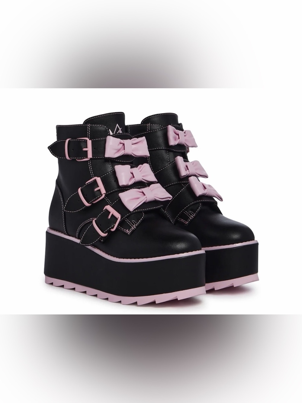 YRU Black & Pastel Pink Bows Platform Ankle Boots